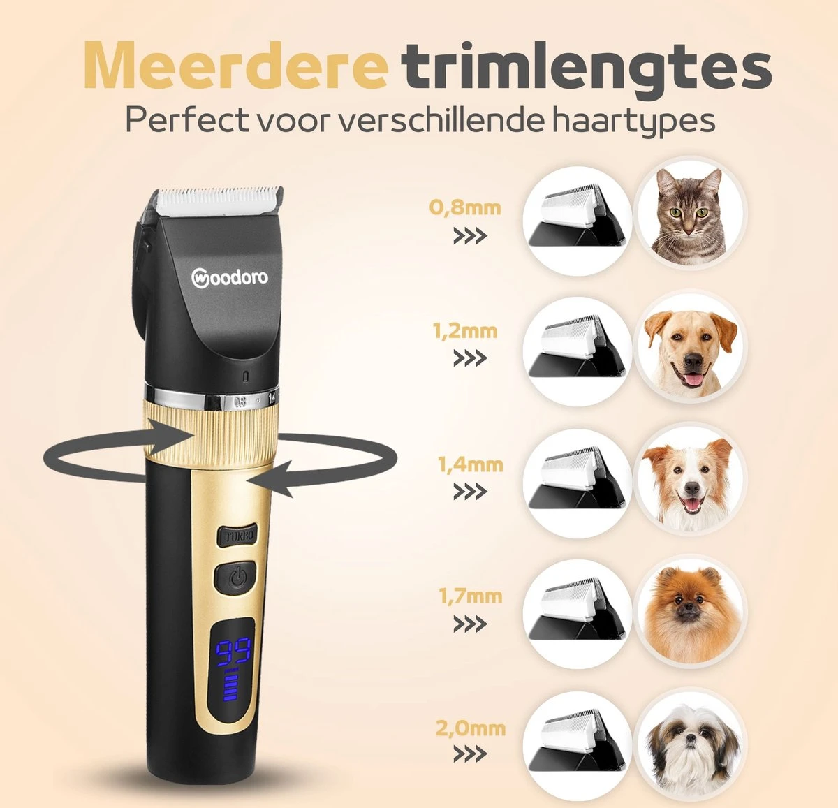 Woodoro Professionele 2-in-1 Hondentondeuse Voor Dikke Vacht – Draadloze Honden Tondeuse & Hondentrimmer – Stille Tondeuse Katten & Honden Trimset 6 Woodoro Professionele 2-in-1 Hondentondeuse Voor Dikke Vacht – Draadloze Honden Tondeuse & Hondentrimmer – Stille Tondeuse Katten & Honden Trimset - Afbeelding 6