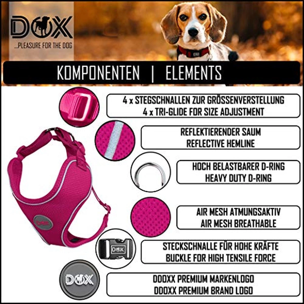 DDOXX Hondenharnas, Reflecterend, Verstelbaar, Breakaway | Borstharnas Voor Klein, Middelgroot | Hondenharnas Hond Kat Puppy Auto | Kattenharnas Puppy Harnas | Roze Roze, S 2 DDOXX Hondenharnas, Reflecterend, Verstelbaar, Breakaway | Borstharnas Voor Klein, Middelgroot | Hondenharnas Hond Kat Puppy Auto | Kattenharnas Puppy Harnas | Roze Roze, S - Afbeelding 2