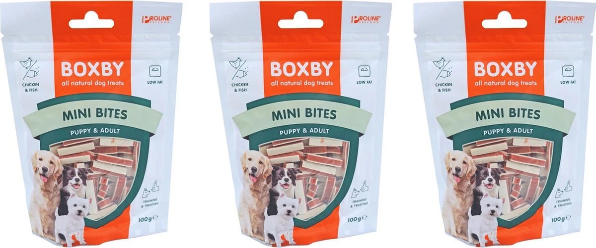 Proline Boxby Puppy Snacks, Mini Bites. Per 3 Verpakkingen Van 100 Gr 1 Proline Boxby Puppy Snacks, Mini Bites. Per 3 Verpakkingen Van 100 Gr