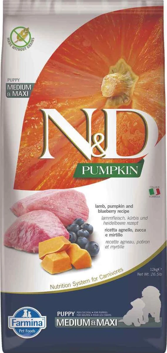 FARMINA N&D GF PUMPKIN DOG LAMB&BLUEBERRY PUPPY MEDIUM/MAXI 12kg 2 FARMINA N&D GF PUMPKIN DOG LAMB&BLUEBERRY PUPPY MEDIUM/MAXI 12kg - Afbeelding 2