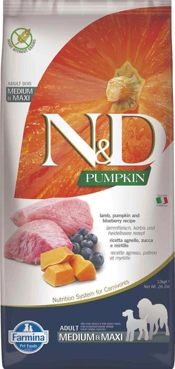 FARMINA N&D GF PUMPKIN DOG LAMB&BLUEBERRY ADULT MEDIUM/MAXI 12 KG 2 FARMINA N&D GF PUMPKIN DOG LAMB&BLUEBERRY ADULT MEDIUM/MAXI 12 KG - Afbeelding 2